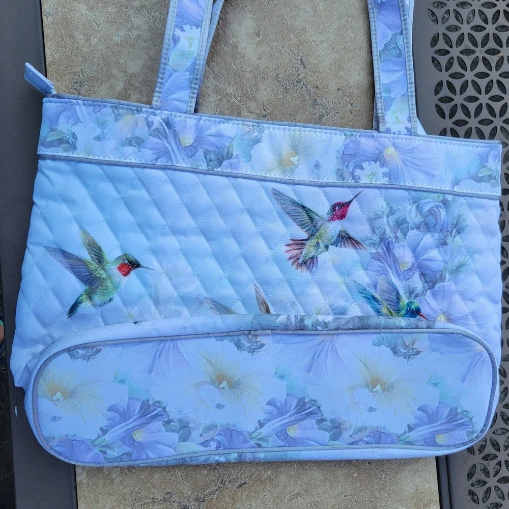 Lena Liu Hummingbird Quilted Tote Bag Floral Nature Art Shoulder Bag Zipper Top